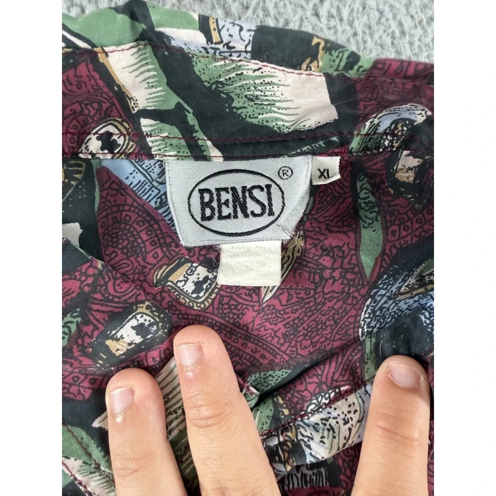 Vintage Bensi Hawaiian Shirt Mens XL Red Silk Button Up Camp Short Sleeve AOP - Picture 4 of 9